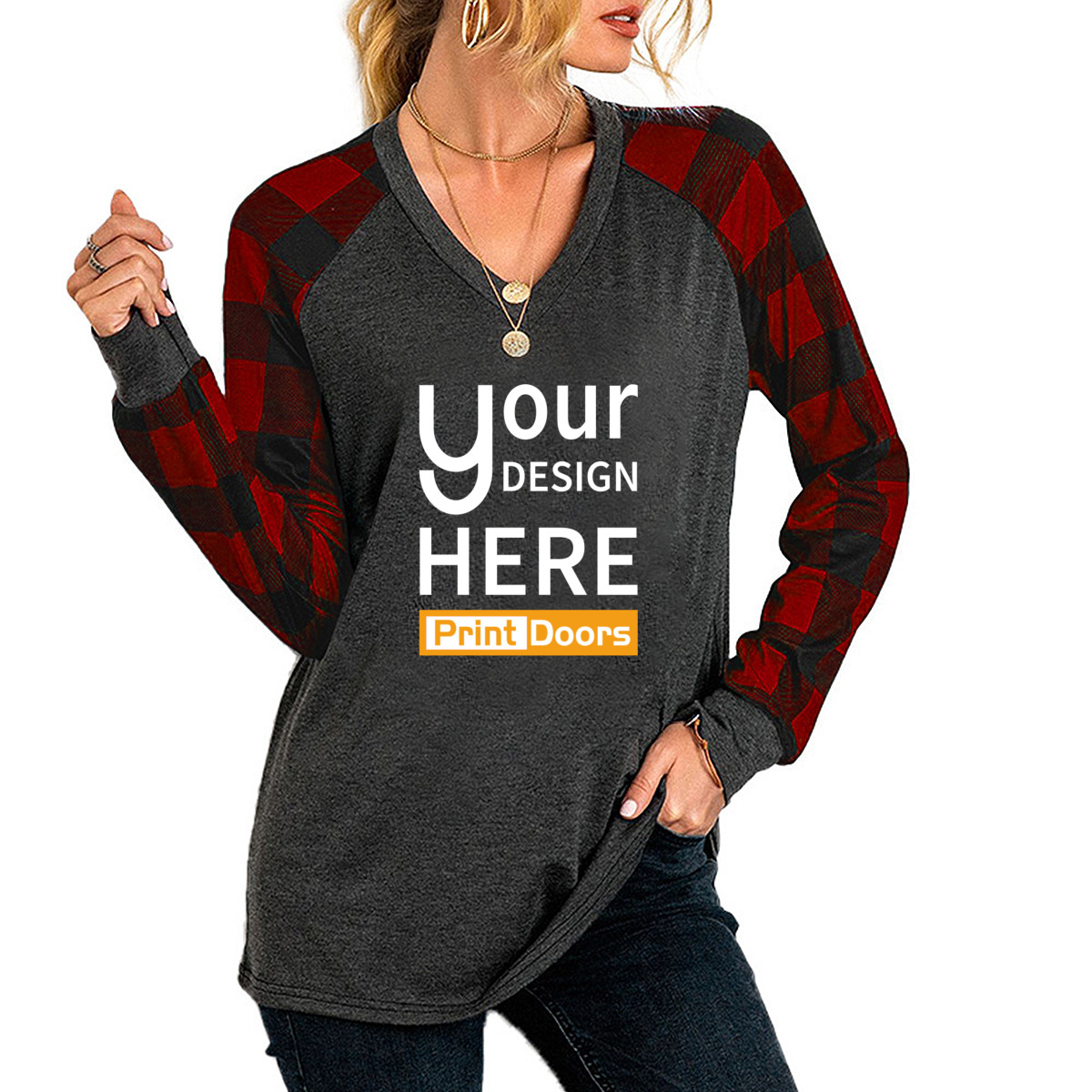Women's long-sleeve V-neck polyester T-shirt printed on demand by PrintDoors