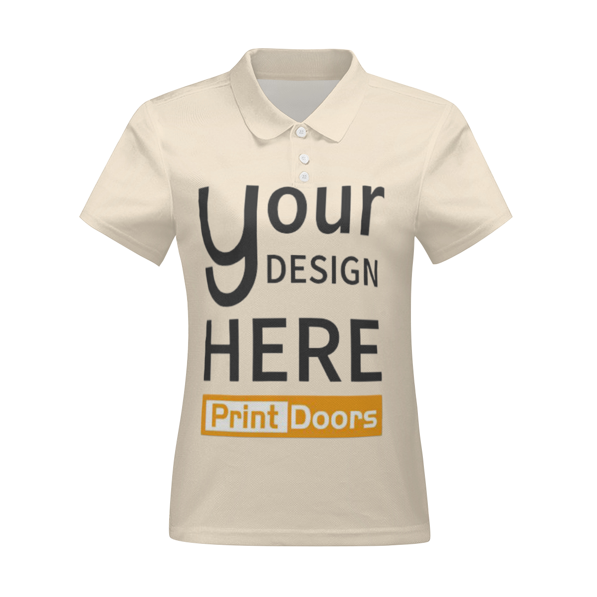 All-over print women's short-sleeved polo shirt in polyester produced on demand by PrintDoors