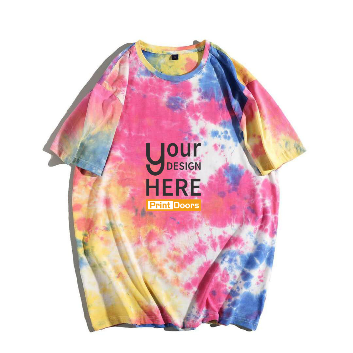 Men's tie-dye T-shirt with direct-to-garment printing produced by PrintDoors for bulk orders
