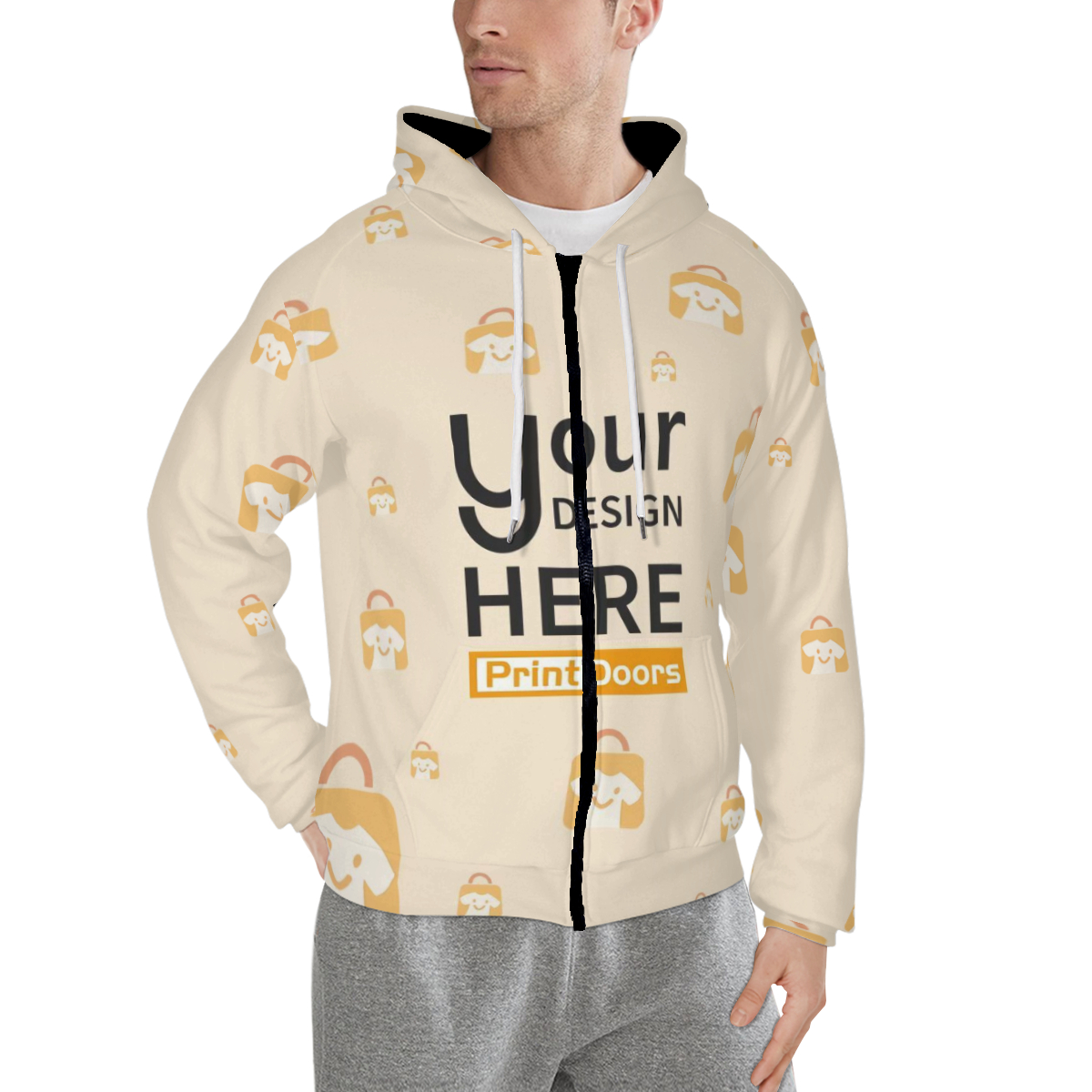 All-over print men's zip hoodie with pockets produced on demand by PrintDoors