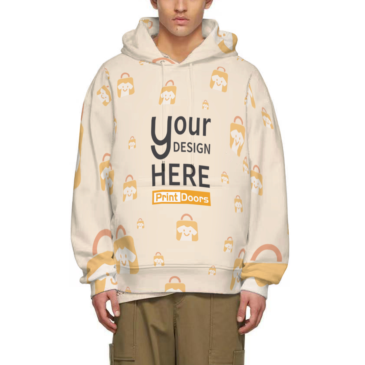 All-over print adult hoodie with pocket produced on demand by PrintDoors